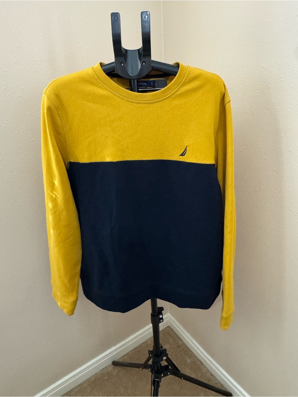 Nautica Colorblock Crewneck Sweater in Mustard Yellow and Navy